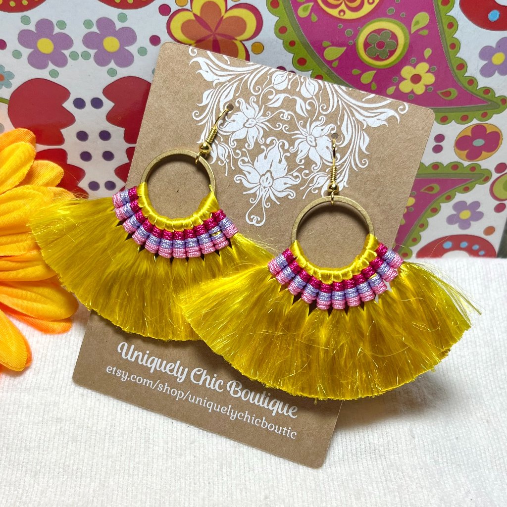 Med Fan Tassel Earrings Yellow Hoops Smooth Shiny Silky Fringe Drop Dangles Nwt